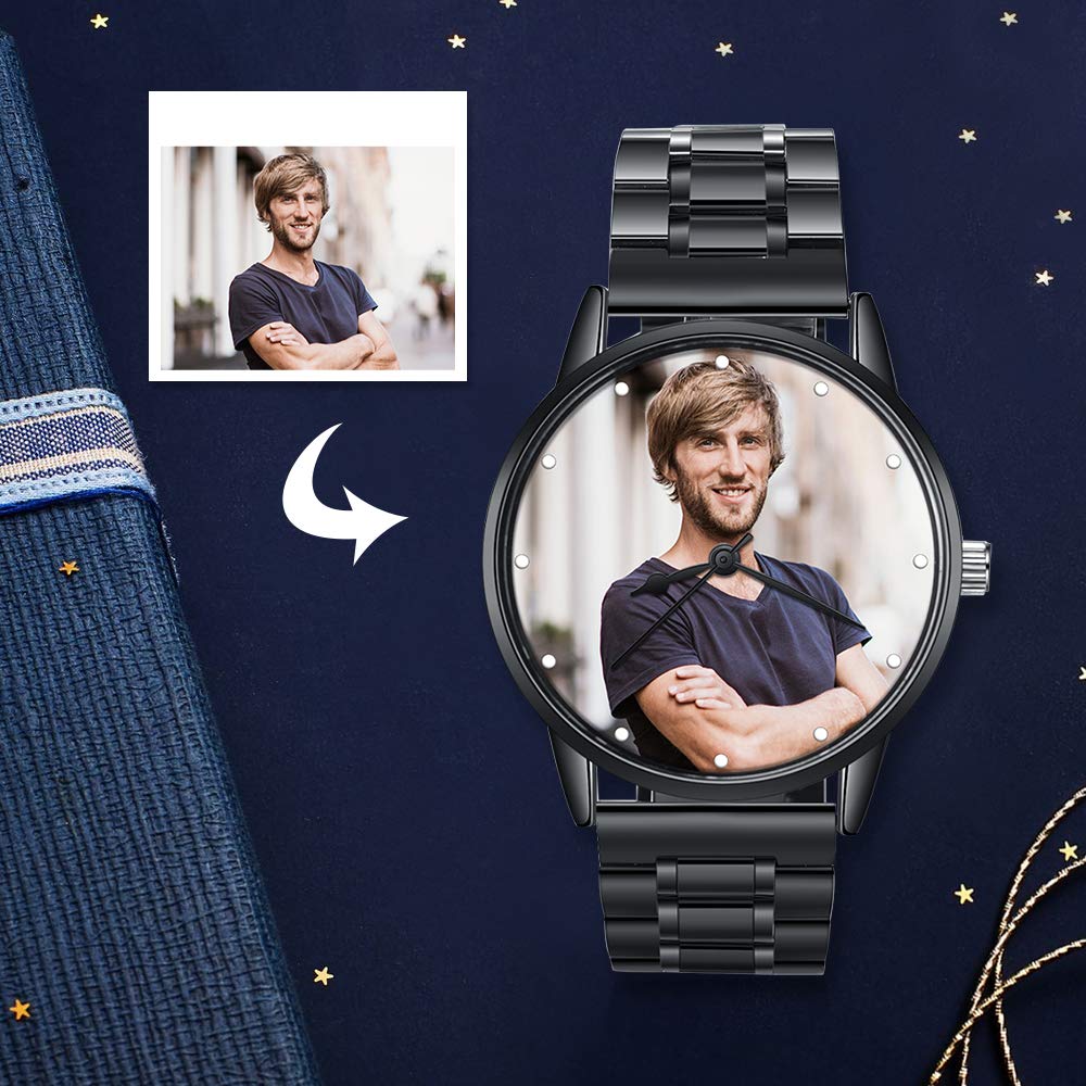kaululu Personalisierte Armbanduhr Herren mit Foto und Namen Gravur, Uhren mit Edelstahl PU-Lederarmband, Geschenk für Papa, Ehemann, Opa, Vatertagsgeschenke