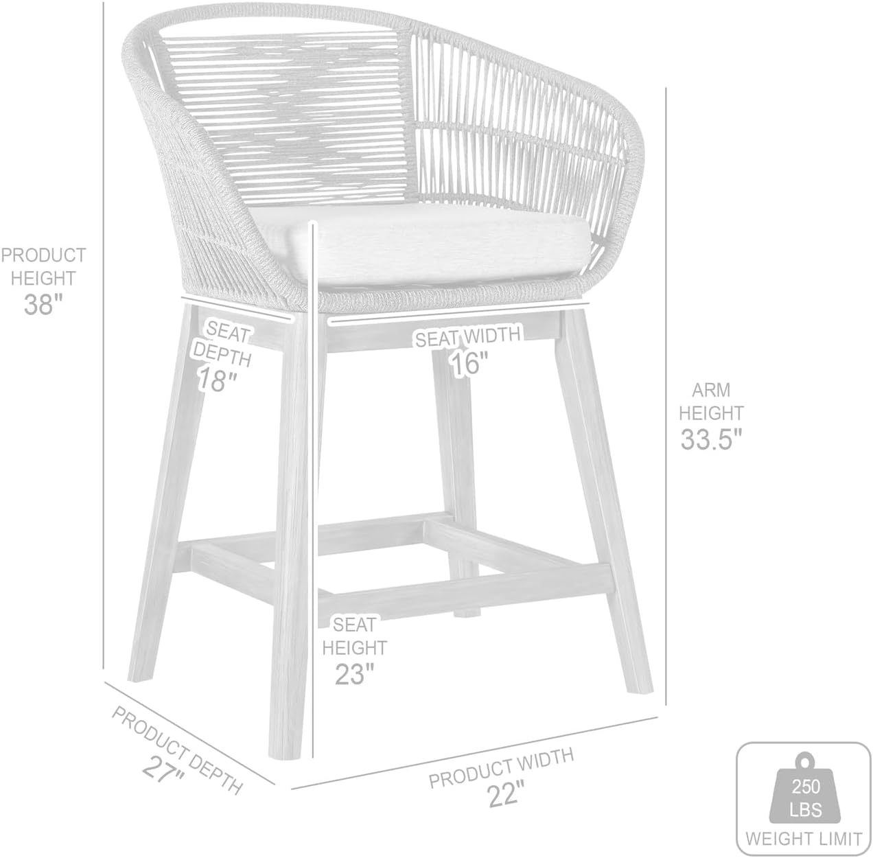 Armen Living Tutti Frutti Modern Indoor Outdoor Counter Chair Bar Stool in Light Eucalyptus Wood with Gray Rope, 26" Seat Height