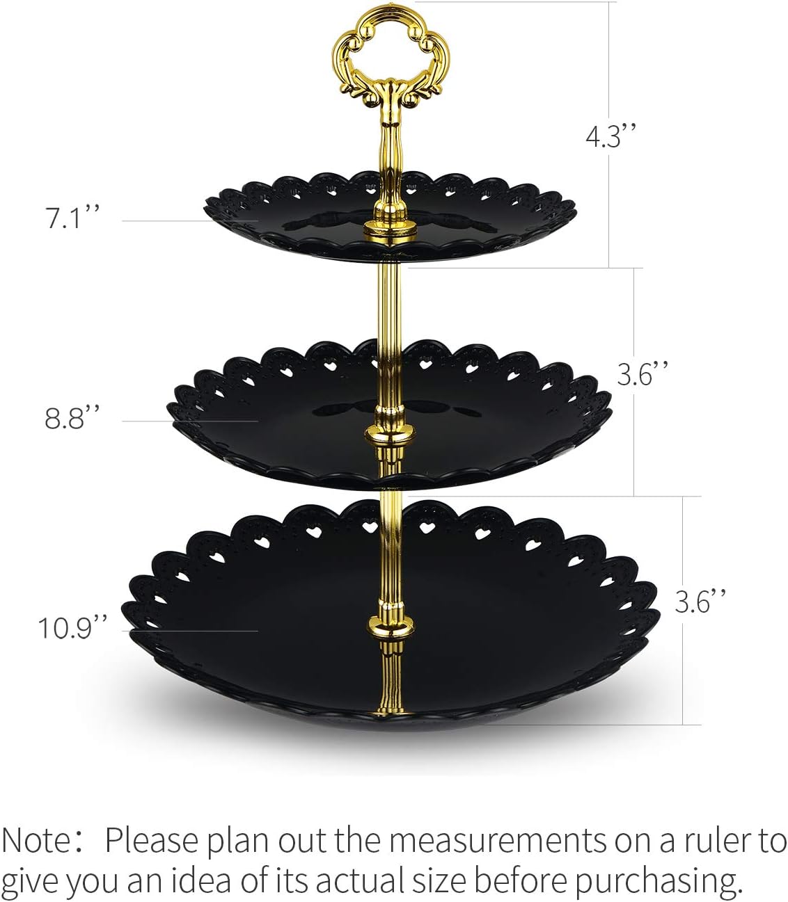 NWK Large 3-Tier Cupcake Stand 10.9Inch Plastic Serving Tray for Wedding Birthday Baby Shower Tea Black and Gold Halloween Party (Black)