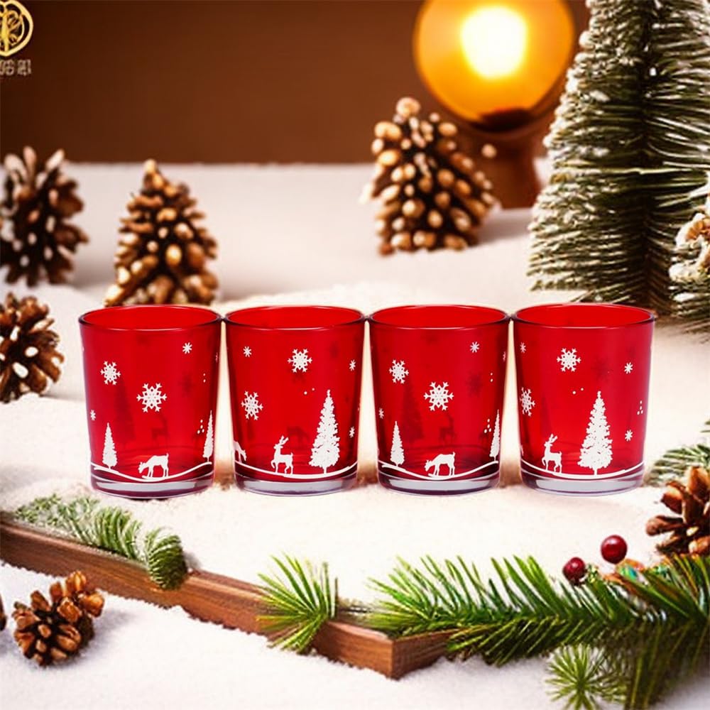 Hiseng Portavelas Cristal Roja Decorativas Navideña, Portavelas Velas de Té con Diseño de Alce árbol de Navidad, Porta Velas Vidrio para Decoración Hogar, Bodas, Fiestas (Juego de 12,Rojo)