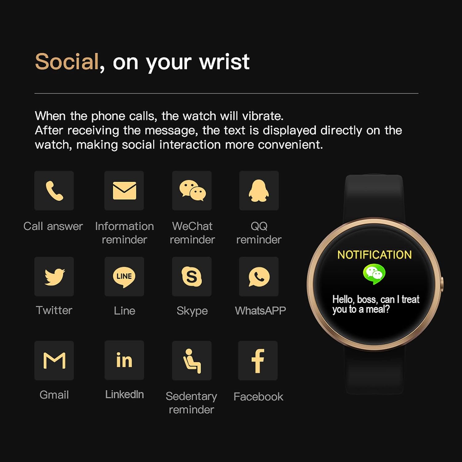 Smart watch showing social media and call notifications