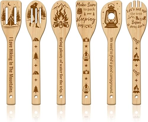 GLOBLELAND Juego de 6 cucharas de cocina de bambú para acampar, juego de cucharas de cocina grabadas de madera, juego de espátulas de bambú para