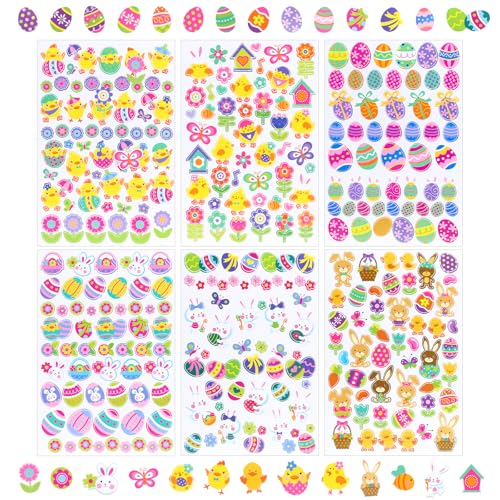 Naler Ostern Sticker Set (300+ Stück) – Bunte Osterbasteln Aufkleber – Deko für Ostereier, Karten & Geschenktüten – 6 Verschiedene Design-Bögen