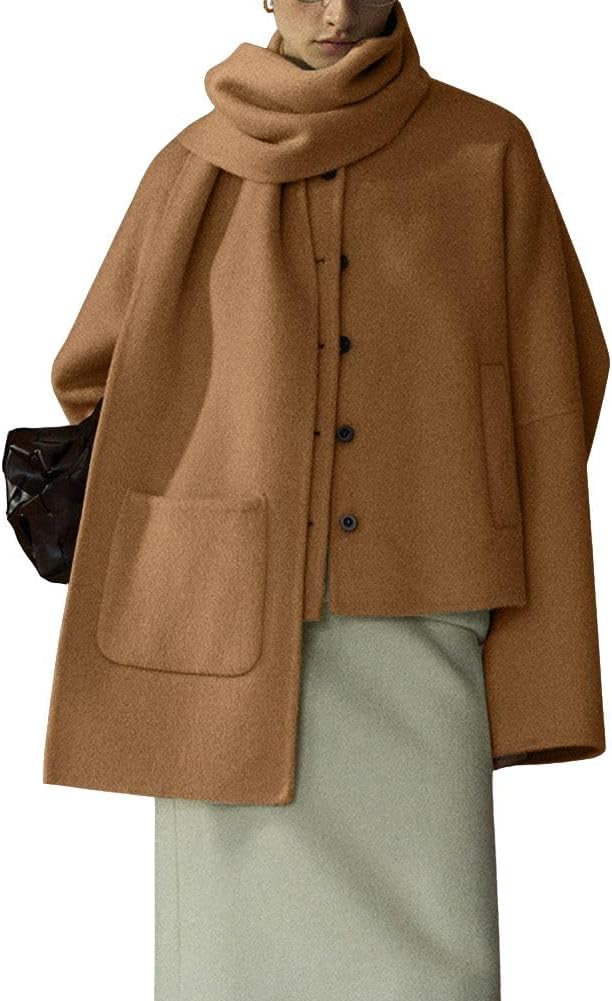 chouyatou Women's Casual Single Breasted Cropped Wool Coat Dressy Trench Pea Coat Short Wool Jacket with Scarf