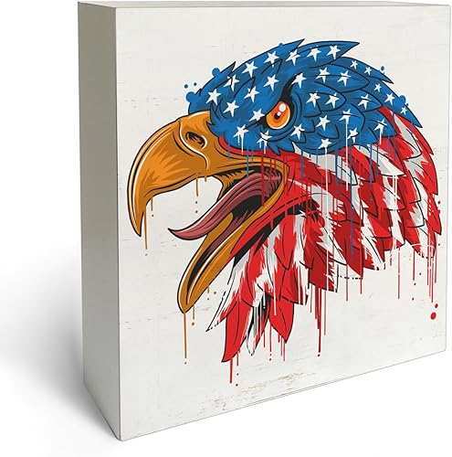 Letrero rústico de madera con bandera estadounidense del 4 de julio, águila y águila americana, decoración de escritorio patriótica del 4 de julio,