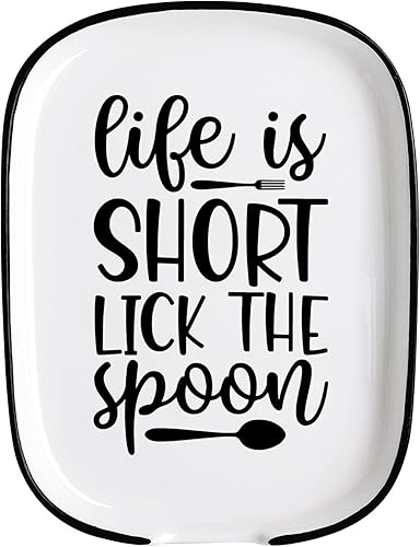 Soporte para cuchara de cerámica grabado, color blanco, patrón de texto, 4.48 pulgadas de ancho x 4.48 pulgadas de largo, apto para lavavajillas,