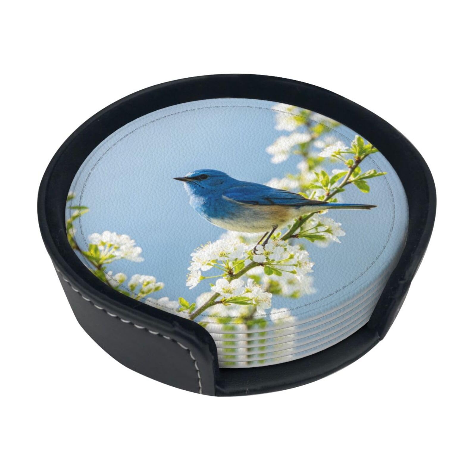 Cntdbu White Blue Bird Art Leather Coasters Set Of 6-Pu Leather Drink Mats For Table, Heat Resistant Round Coasters With Holder