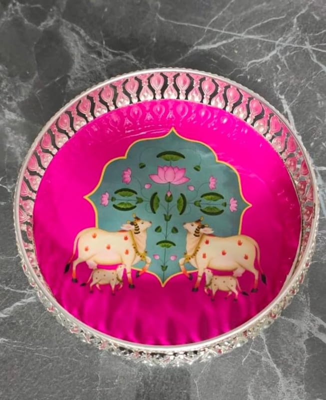NESTORIA LIVING Pichwai Design Decorative Tray | German Silver Finish with Pink Detailing | Handmade Artware for Home Décor & Gifting (pack of 2) 2