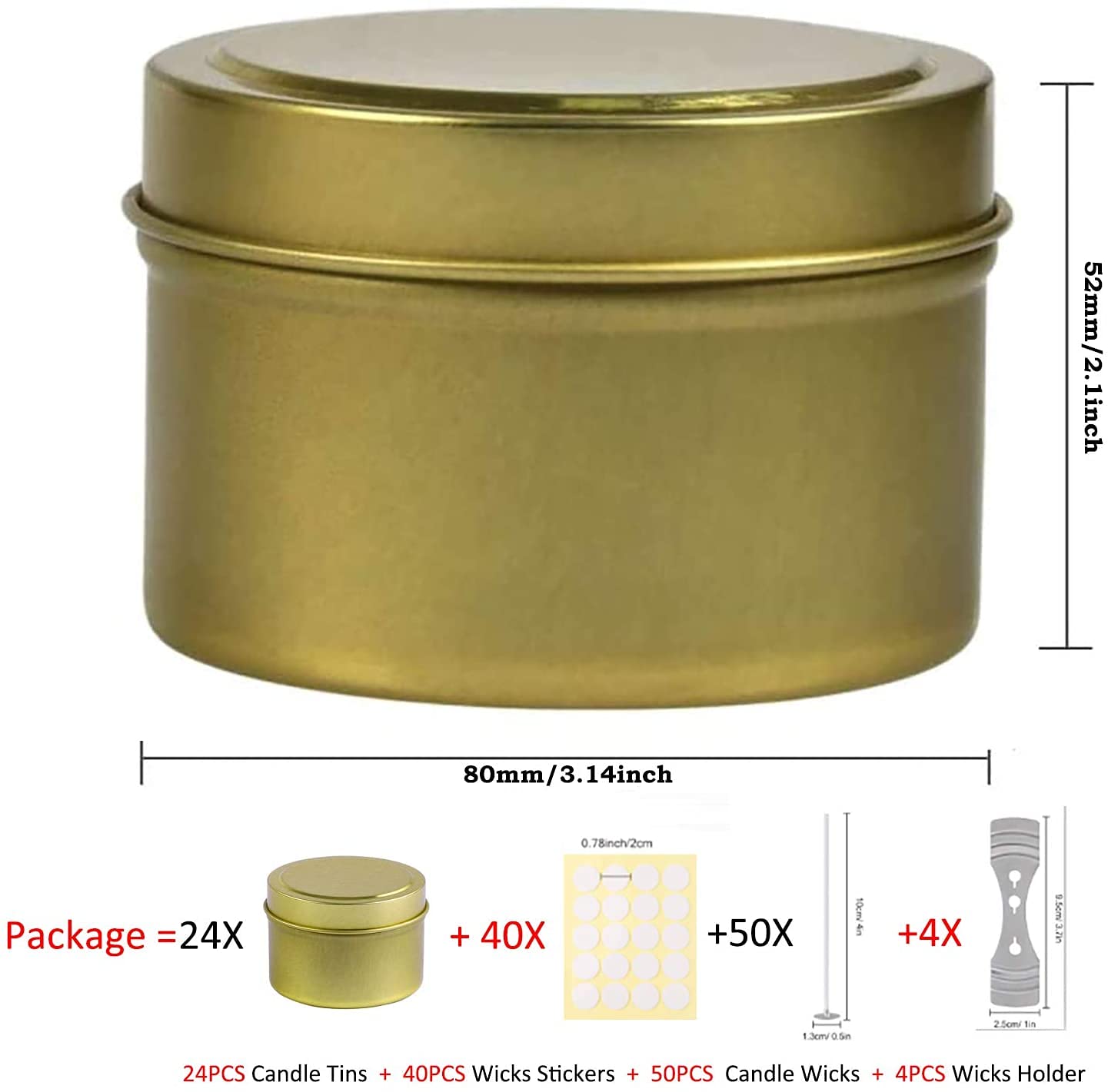 Puszki na świece do produkcji świec, zestawy do produkcji świec zawierają 24 opakowania 237 ml puste słoiki na świece z pokrywkami, 50 bawełnianych knotów, 40 naklejek knotów, 4 uchwyty na knoty, zestaw prezentowy do samodzielnego wykonania (złoty, 24)