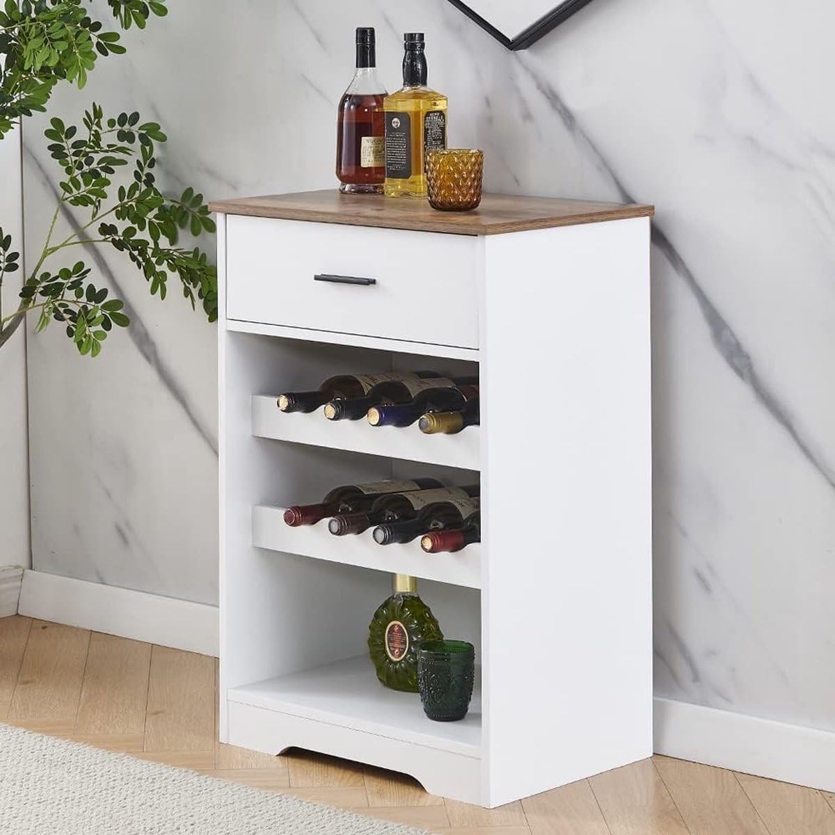Botellero - Armario para 8 Botellas de Vino con cajón - Almacenamiento de Vino Independiente - Natural, Madera - Armario para Vino de diseño Elegante - 37,5x55x80 cm