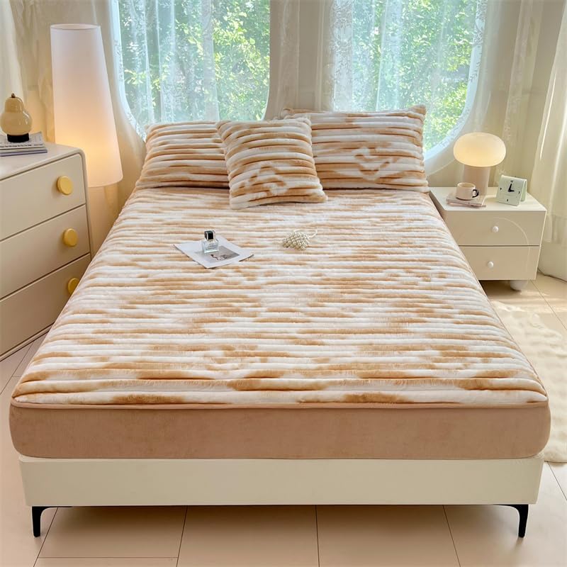 Fuzzy Faux Rabbit Fur Stripe Bed Sheet,Soft Fluffy Mattress Protector Thick Bed Cover, Milk Velvet Stripe Bedding Fitted Sheet Twin/Queen/King Size (Milk Coffee, California King（ 79"x86"/200 * 220cm)