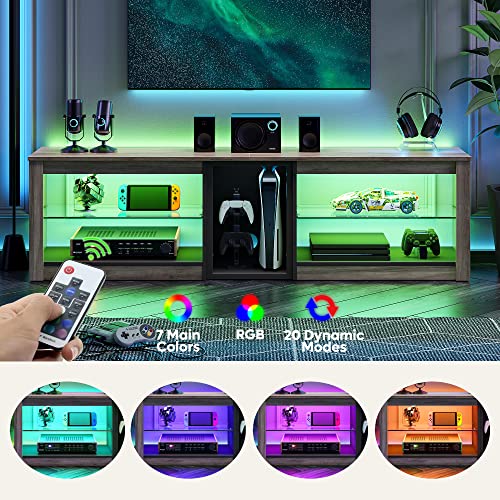 Bestier Tv Stand For 70 Inch Tv, Gaming Entertainment Center For Ps5, Led Tv Cabinet With Glass Shelves For Living Room, 63'' Inch, Grey Wash #TOP2