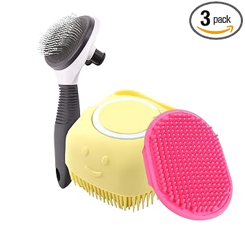 Pets Empire Self Cleaning Combo of 3, Pet Grooming Shedding Brush for Dogs and Cats, Body Scrubber Shampoo Dispenser, Grooming Soothing Bath Brush - image, photos