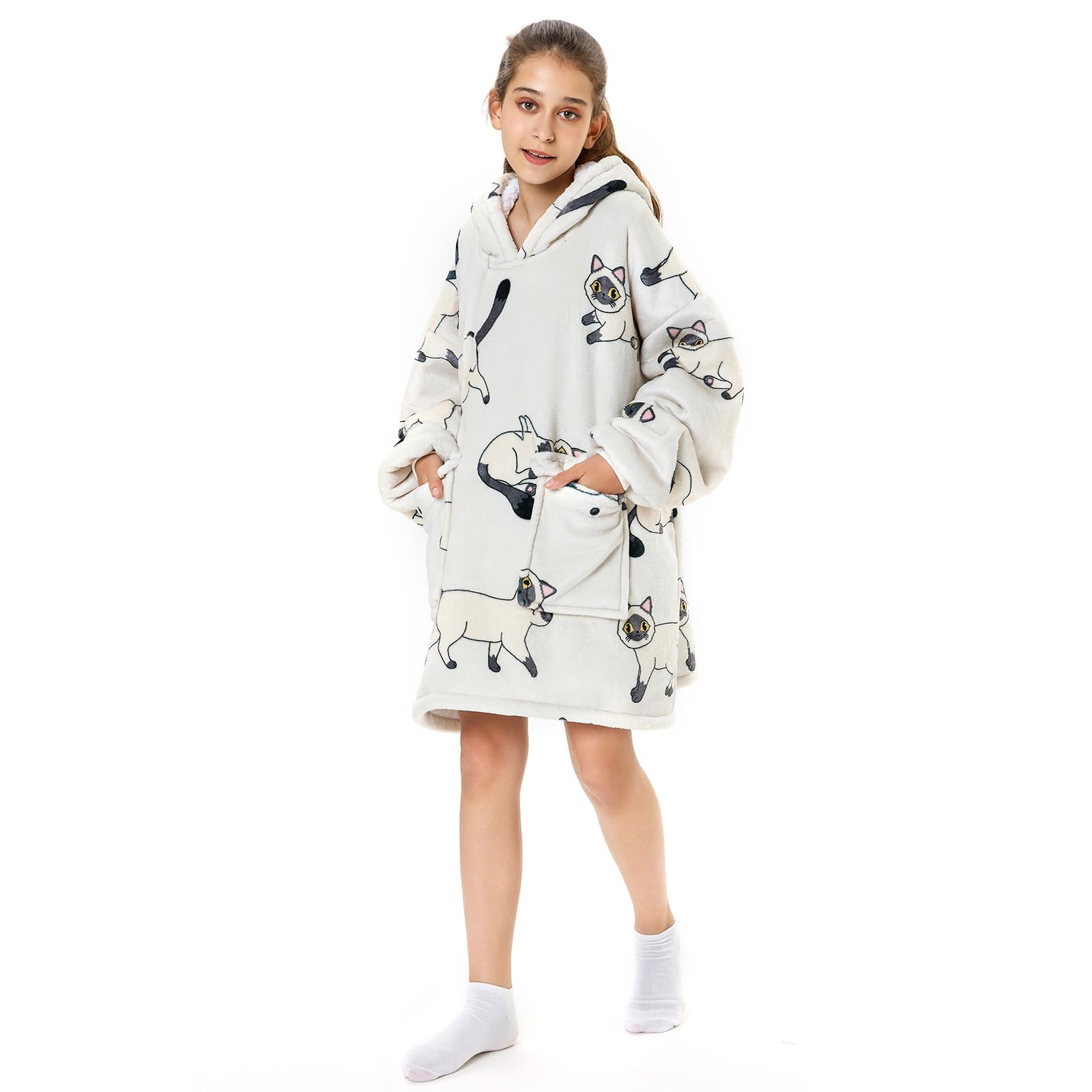 SENVINI Kids Wearable Blanket Hoodie, Oversized Blanket Sweater With Sleeves for Teen Girls 10-12, Fuzzy Cozy Big Hooded Blanket Sweatshirt Jacket Robe, Cute Hideout Hoodie for Girl Sister Gifts