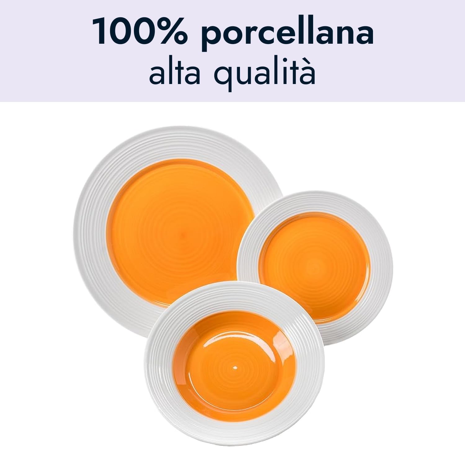 Juego De 18 Platos Copa Cabana De Porcelana Naranja ¡Moderno Y Vibrante! - 6 Platos Llanos + 6 Hondos + 6 De Postre