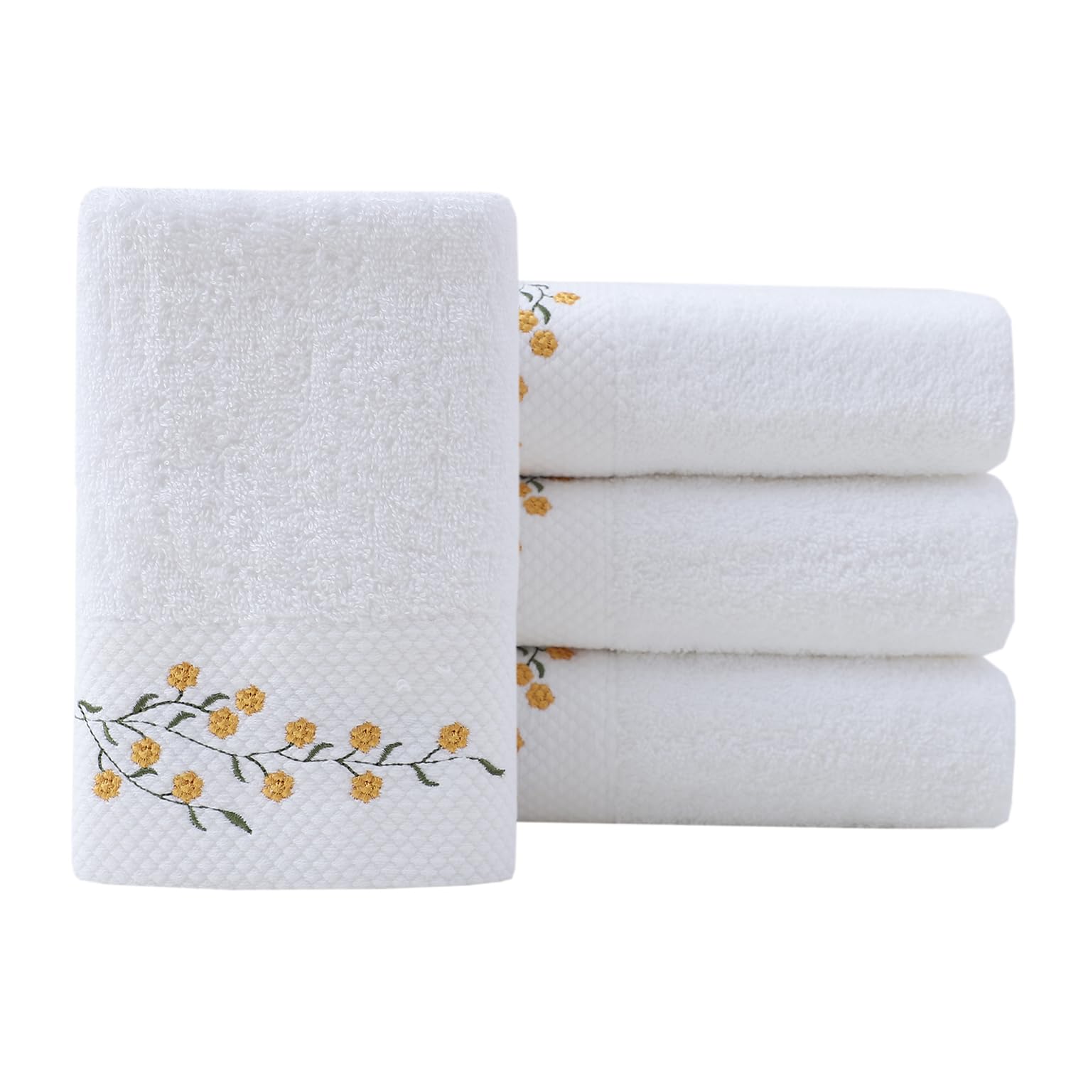 Pidada Hand Towels Set of 4 Embroidered Floral Pattern 100% Cotton Absorbent Soft Decorative Towel for Bathroom (White Pattern 4)