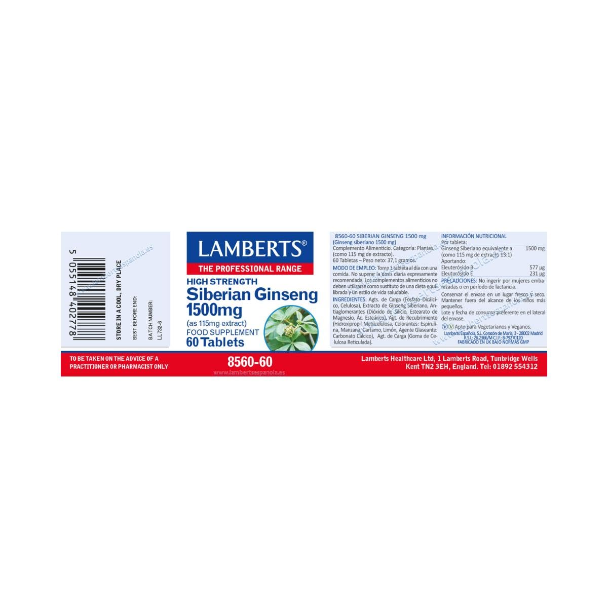 Lamberts Ginseng Siberiano 1500Mg, 60 Tabletas, 60 unidad, 1