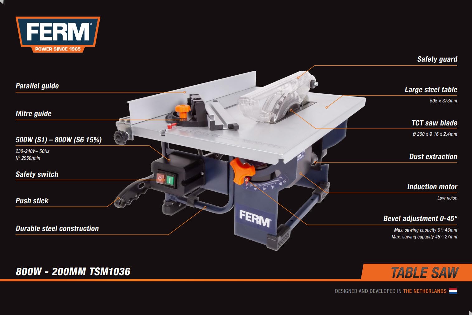 FERM Scie sur table 800W - Lame de scie Ø200mm 24 dents, guide d'onglet, guide parallèle, poussoir et connexion à vide inclus