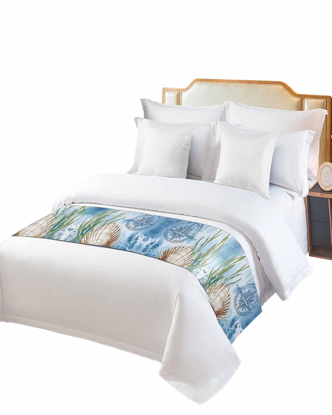 DecorLovee Coastal Nautical Bed Runners for Twin Size Bed, Decorative Bed Throws for Foot of Bed, Summer Ocean Shell Seaweed Bed Runner Sofa Throw Bedding Scarf Protector Slipcover for Bedroom/Hotel
