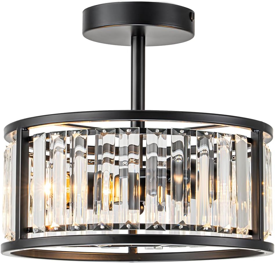 11" Modern Crystal Semi Flush Mount Ceiling Lighting Fixture, Black Crystal Chandelier, 2-Light Crystal Ceiling Light Fixture for Kitchen Entryway Laundry Room Bedroom Foyer