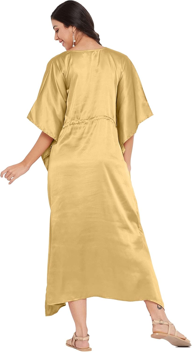 Oussum Women Plus Size Kaftan Dress Solid Satin Maxi Kimono Sleeves Night Gown Dresses Comfortable Lounge Wear for Ladies - Image 5