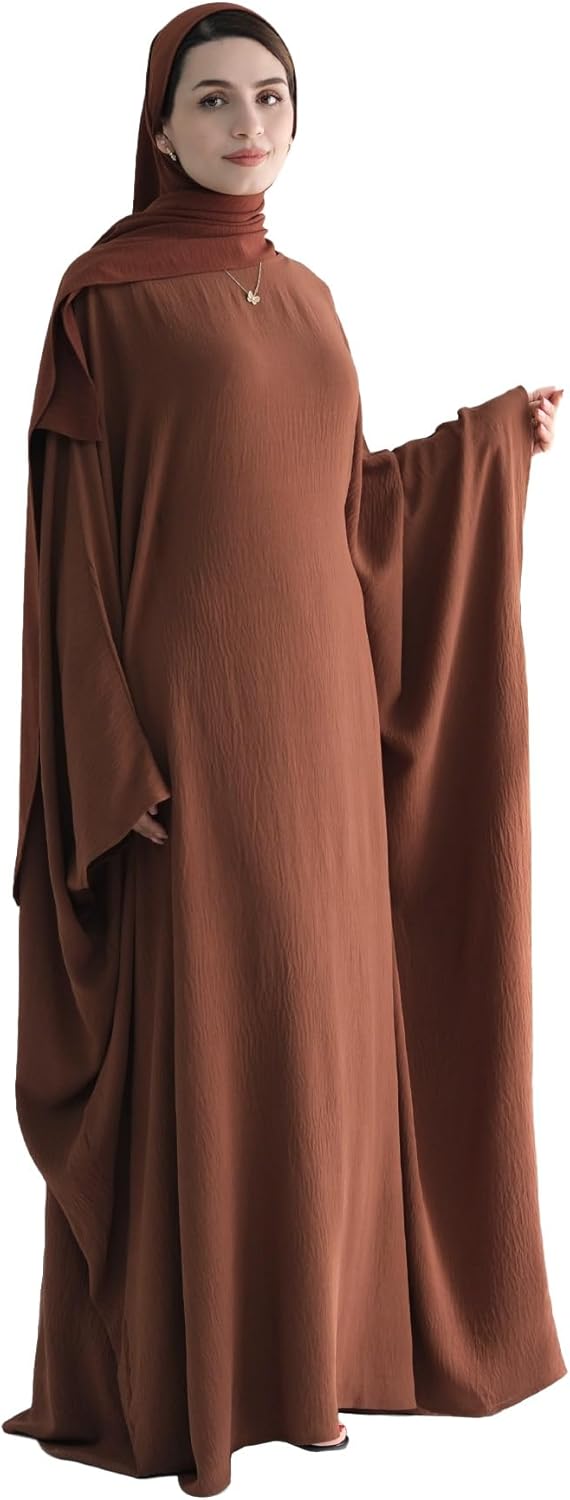 Abaya Muslim Women Dress Batwing Sleeve Loose Maxi Modest Islamic Clothes Prayer Dress with Hijab Scarf