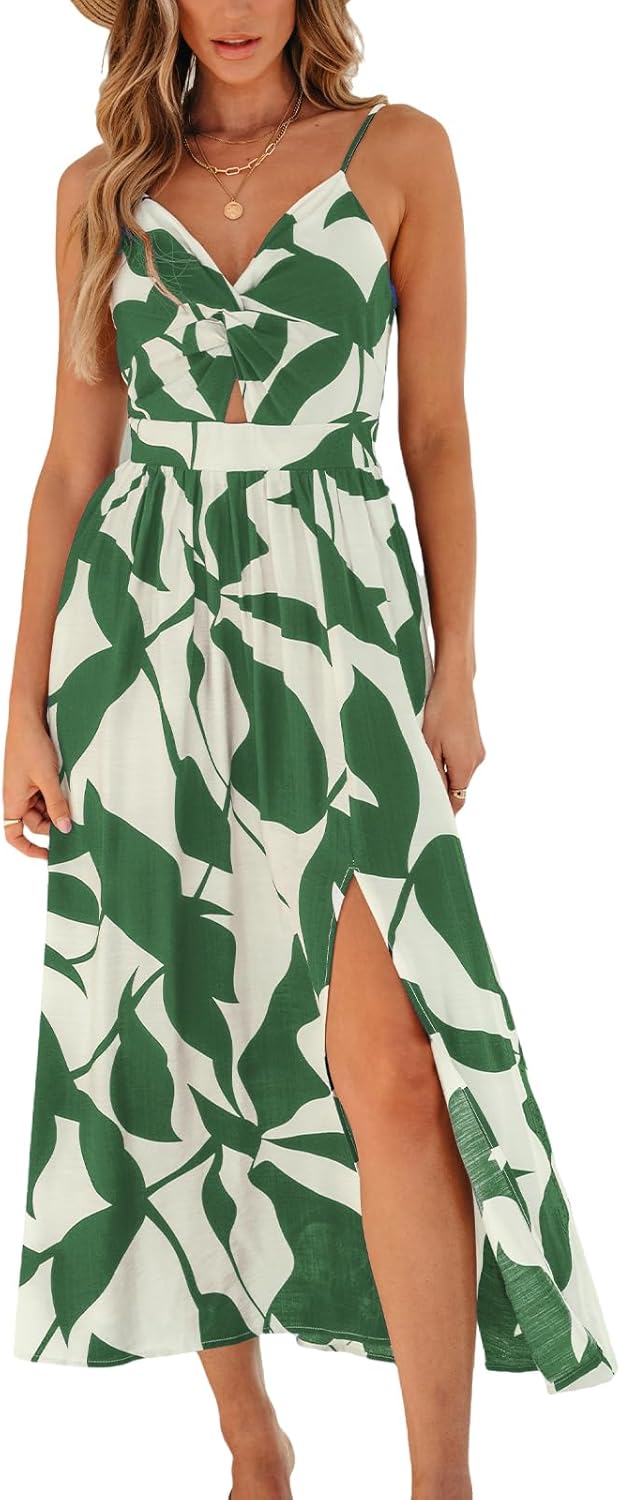 CUPSHE Women’s Long Dresses Summer Sleeveless Beach Casual Side Slit Spaghetti Straps Vacation Graduation Midi Dress