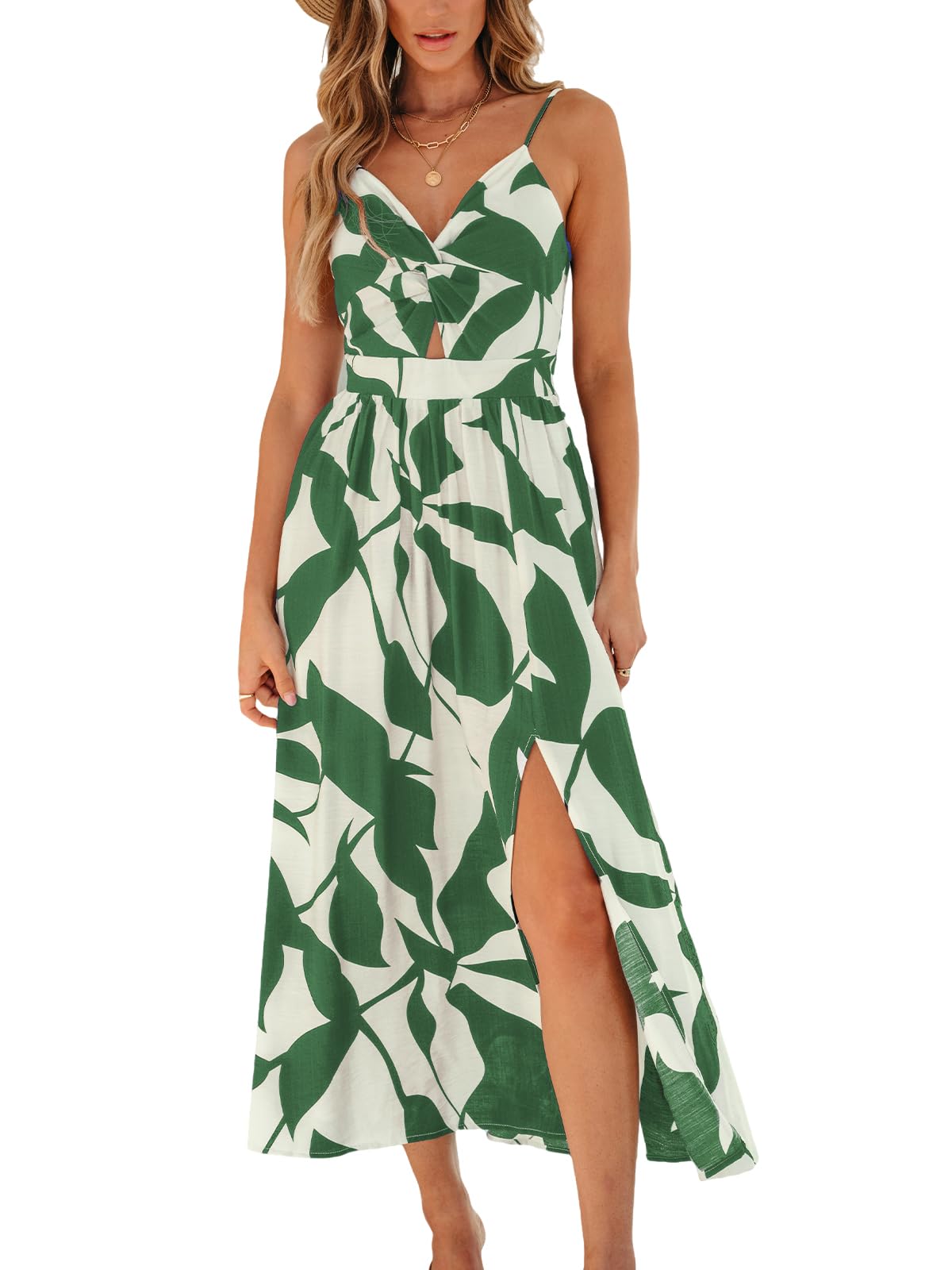 CUPSHE Abito lungo da donna, estivo, senza maniche, da spiaggia, casual, con spacco laterale, spalline sottili, per vacanze, laurea, abito midi