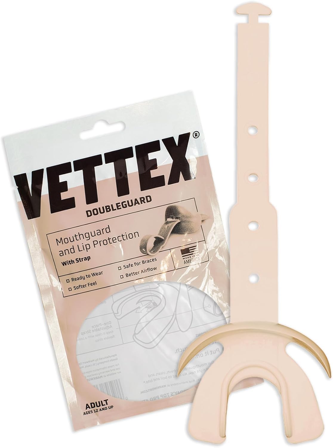 Markwort Vettex Doubleguard Mouthguard for Football, Lacrosse, MMA, Boxing, Braces - Breathable Doubleguard with Lip Protection and Strap, Flesh, Adult (AC25-F)