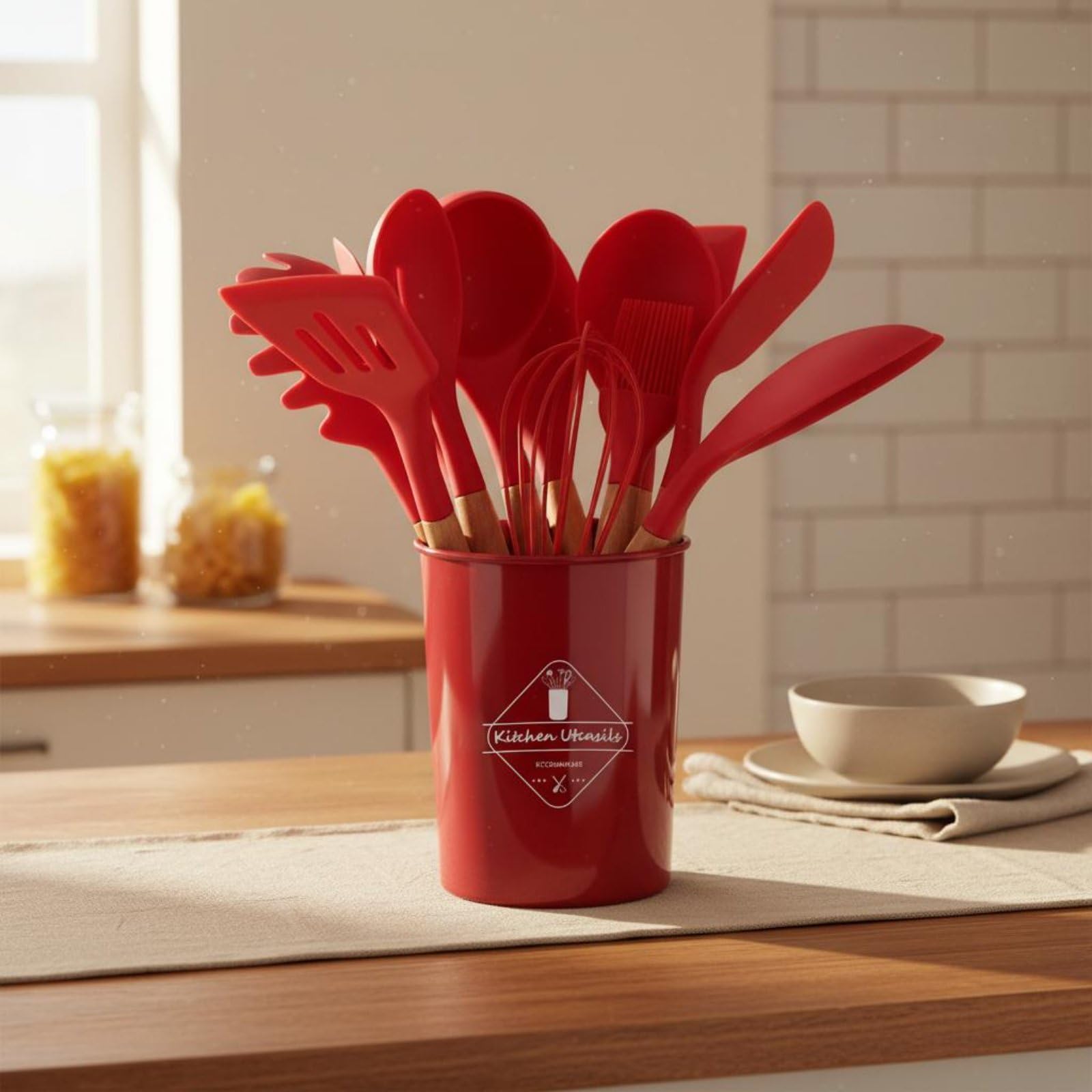 Silicone Kitchen Utensil Set Kit Utensili Cucina Spatola Frusta Cucchiaio con Contenitore Coordinato in Silicone Resistente al Calore E Manici, Dark Gray