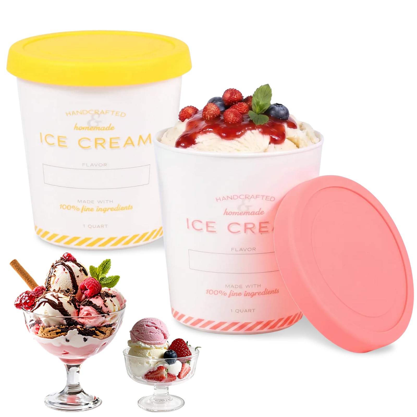BOBASH 2 Pcs 32oz Ice Cream Containers, Reusable Plastic Freezer Tubs with Silicone Lids, 950ml Food Storage Boxes for Homemade Gelato Yogurt Smoothie Soup(pink+yellow-2PCS-950ml/32OZ)