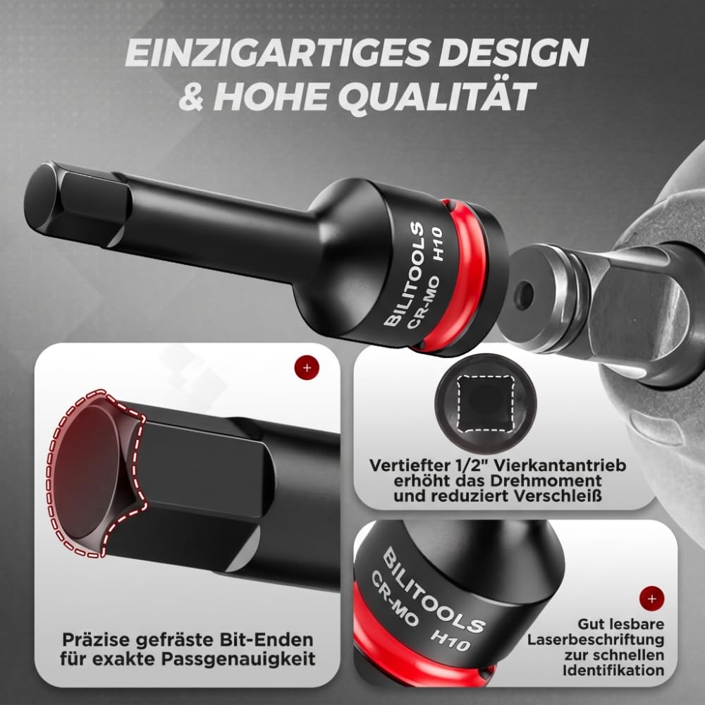 BILITOOLS Juego de 8 llaves hexagonales de impacto Allen de 1/2 pulgada, H5-H19, acero Cr-Mo
