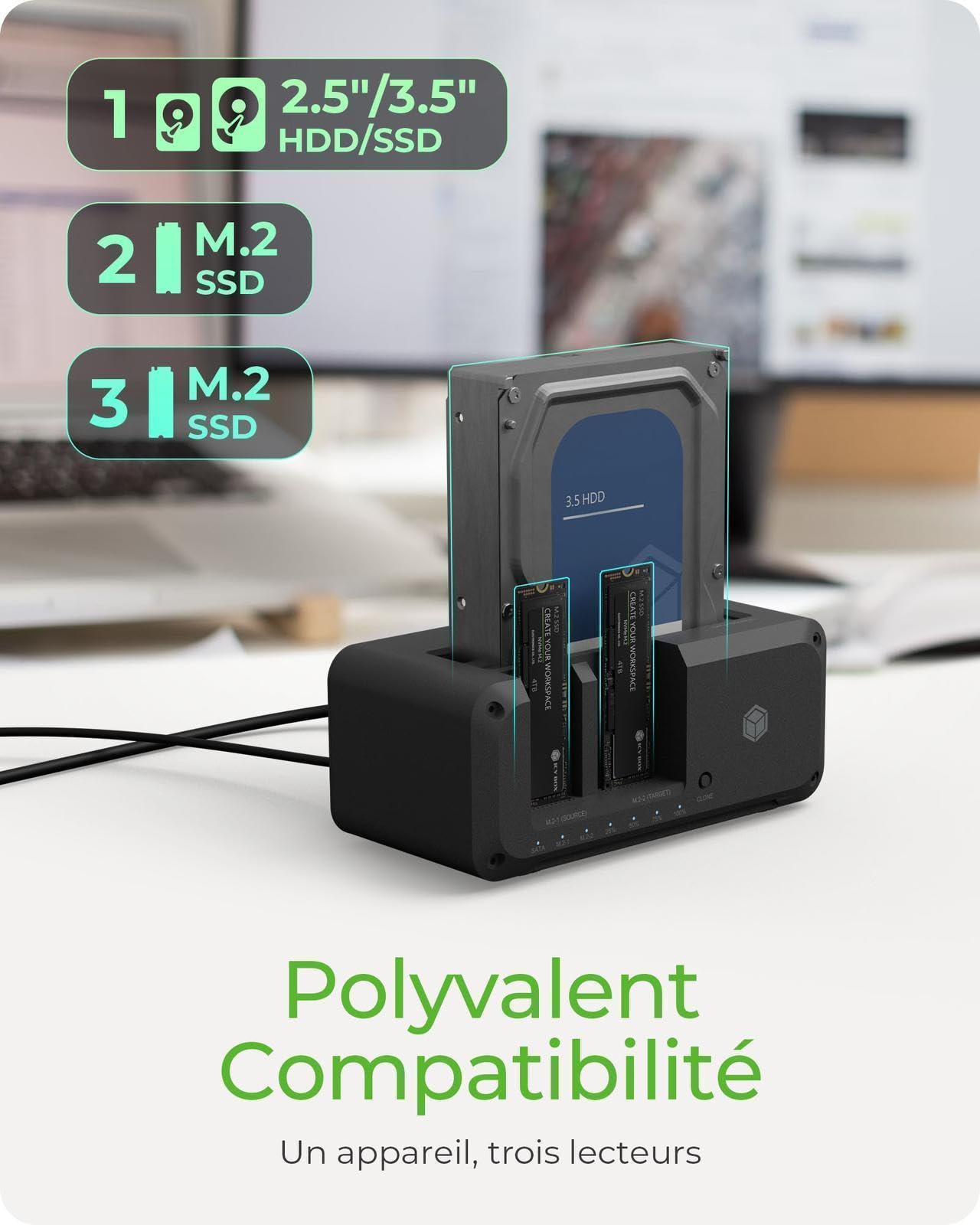ICY BOX Station d'accueil pour disques M.2 NVMe et SATA, clonage bidirectionnel, USB 3.2 10 Gbit/s
