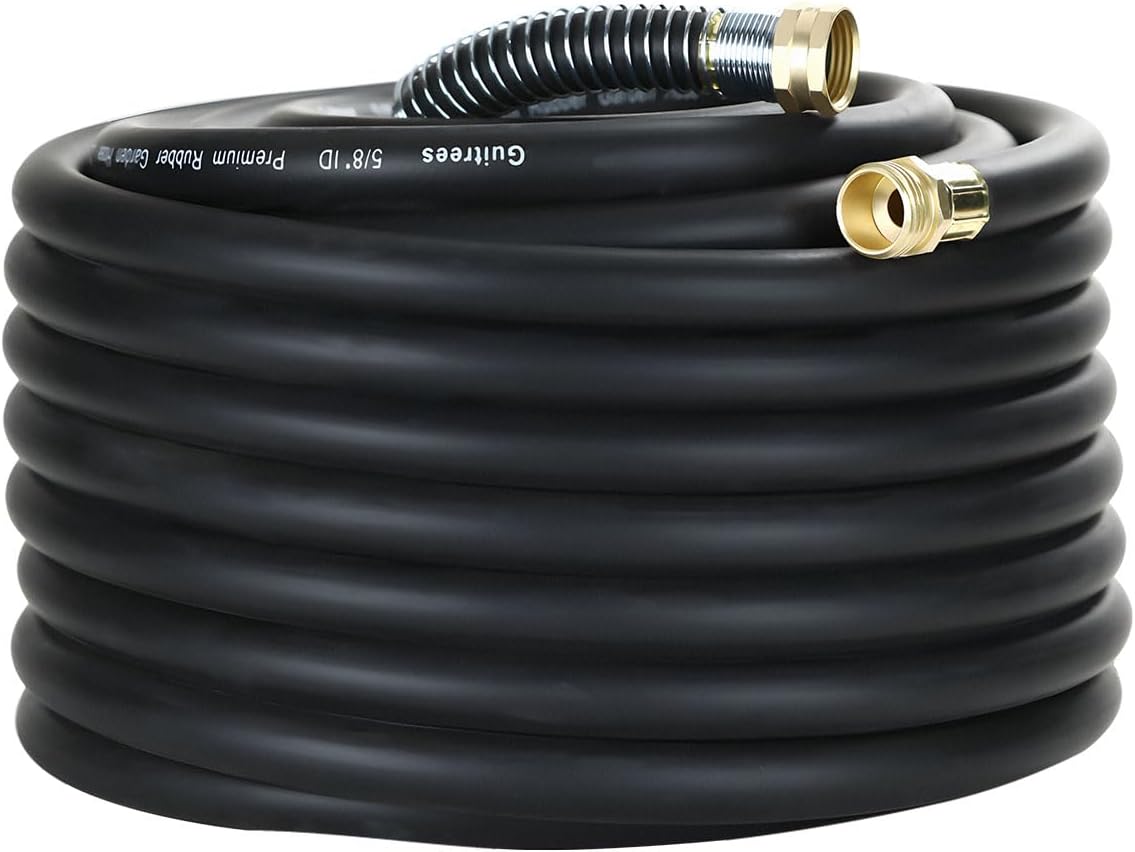 50FT 5/8 Heavy Duty Rubber Garden Hose - 200psi Working, 1000psi Burst - Hot/Cold Water - Five-Layered Braiding for Durability - Versatile for Gardening, Agriculture, Construction(Black)