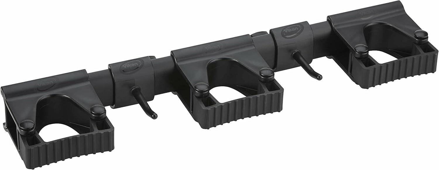 Vikan 10119 Hi-Flex Wall Bracket, 3 Grip Holders, 2 Hooks 16.5", PP/TPE/PAI, Black