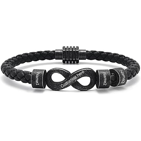 Asnewa Personalized Fathers Bracelets with Names for Men, Custom Engraved Mens Braided Leather Bracelet, Father's Day Dad Gifts for Dad Grandpa Husband Son Boyfriend