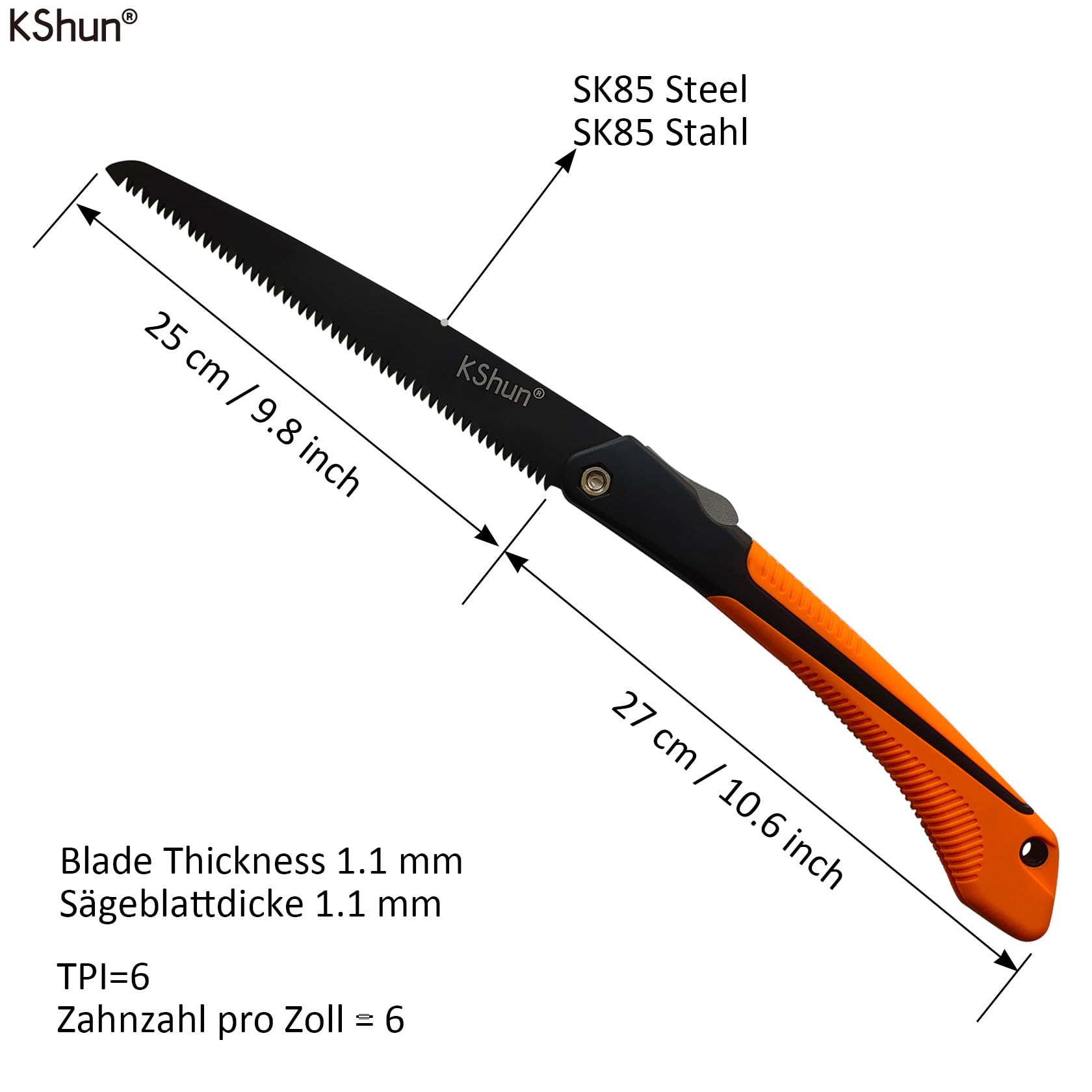 Garden Hand Saw Folding 25cm Blade 1.1mm Thick SK85 Steel 3-Side Sharpened Teeth Branch Saw 6 TPI Hiking Camping Outdoor Survival Cutting Wood Trimming Trees Clearing the Path - Image 3