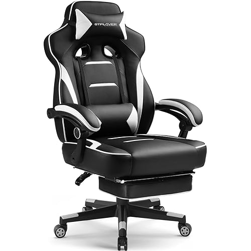 GTPLAYER Gaming Chair with Footrest, Big and Tall Game Chair 350lb Racing Style Computer Chair, Ergonomic Executive Office Chair High Back with Lumbar Support and Recliner, White