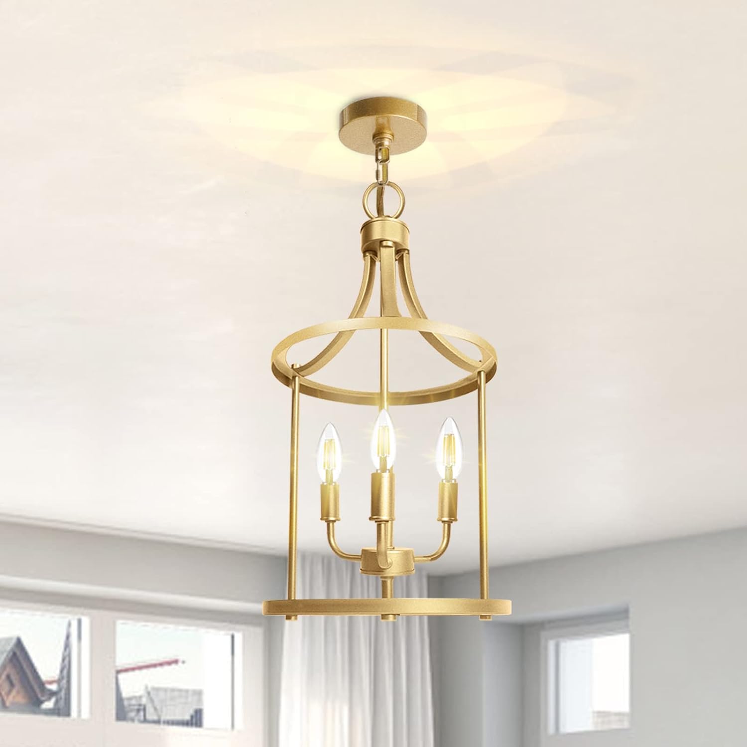PARTPHONER Chandelier Pendant Light Fixture, 3 Light Farmhouse Gold Chandelier Pendant Lighting, Open Frame Hanging Light Fixture for Dining Room Foyer Entrance Kitchen Island