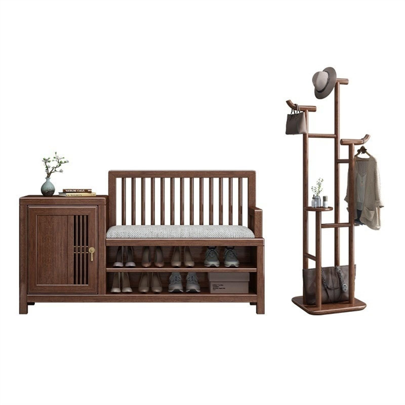 Aioneer Shoe For Entryway Shoe Bench Combo With Standing Coat Rack, Solid Wood Shoe Storage With Storage Cabinet And Seat Cushion Zapatero For Entrance,Set2-Set3