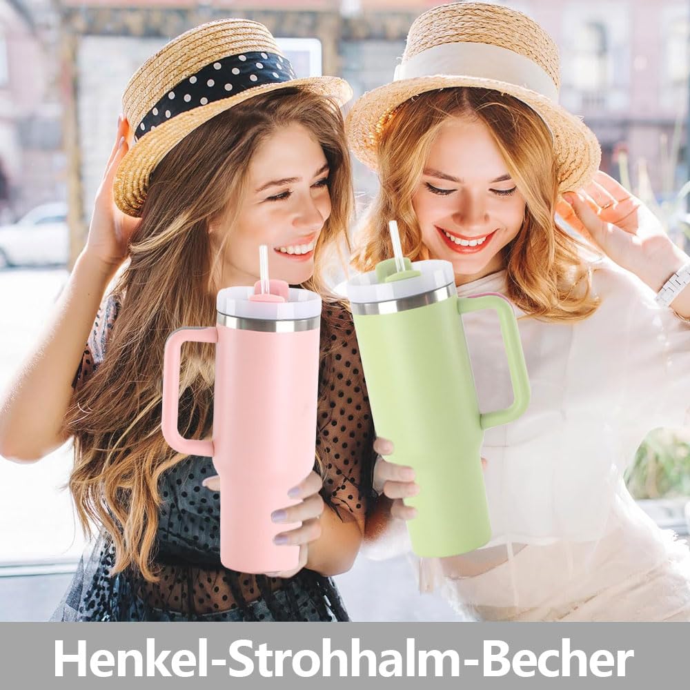 Tazza Termica Con Manico E Cannuccia - Bicchiere Isolante Da Viaggio Per Bevande Calde E Fredde - Foto 2