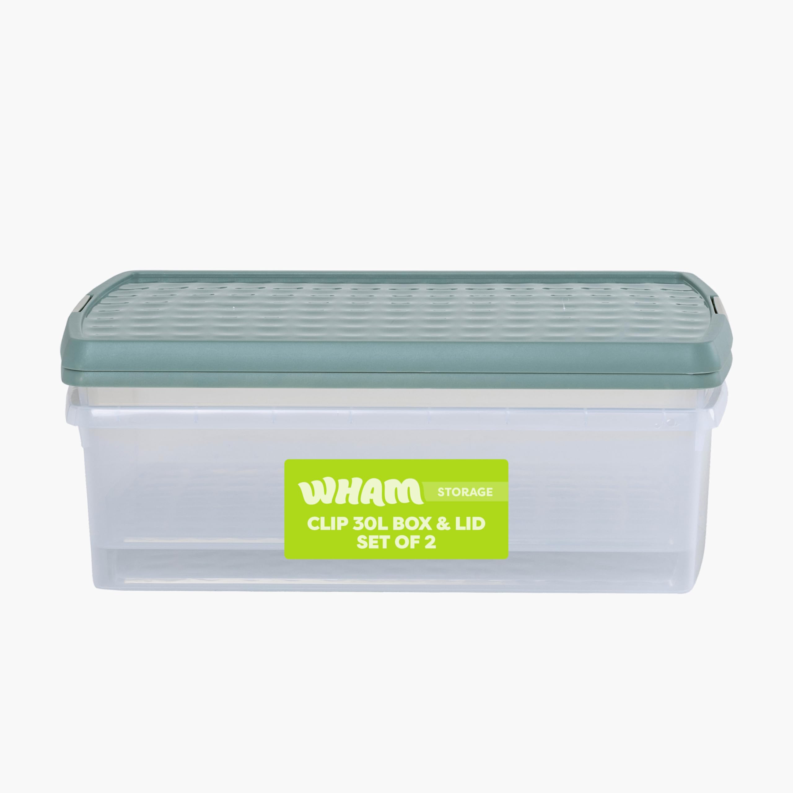 Wham Clear/Green Milieu Clip 2 X 30L Rectangular Stackable Plastic Storage Boxes With Lids | Ideal For Home, Office, Toys & More | Storage Containers With Clip Locks | Made In Uk