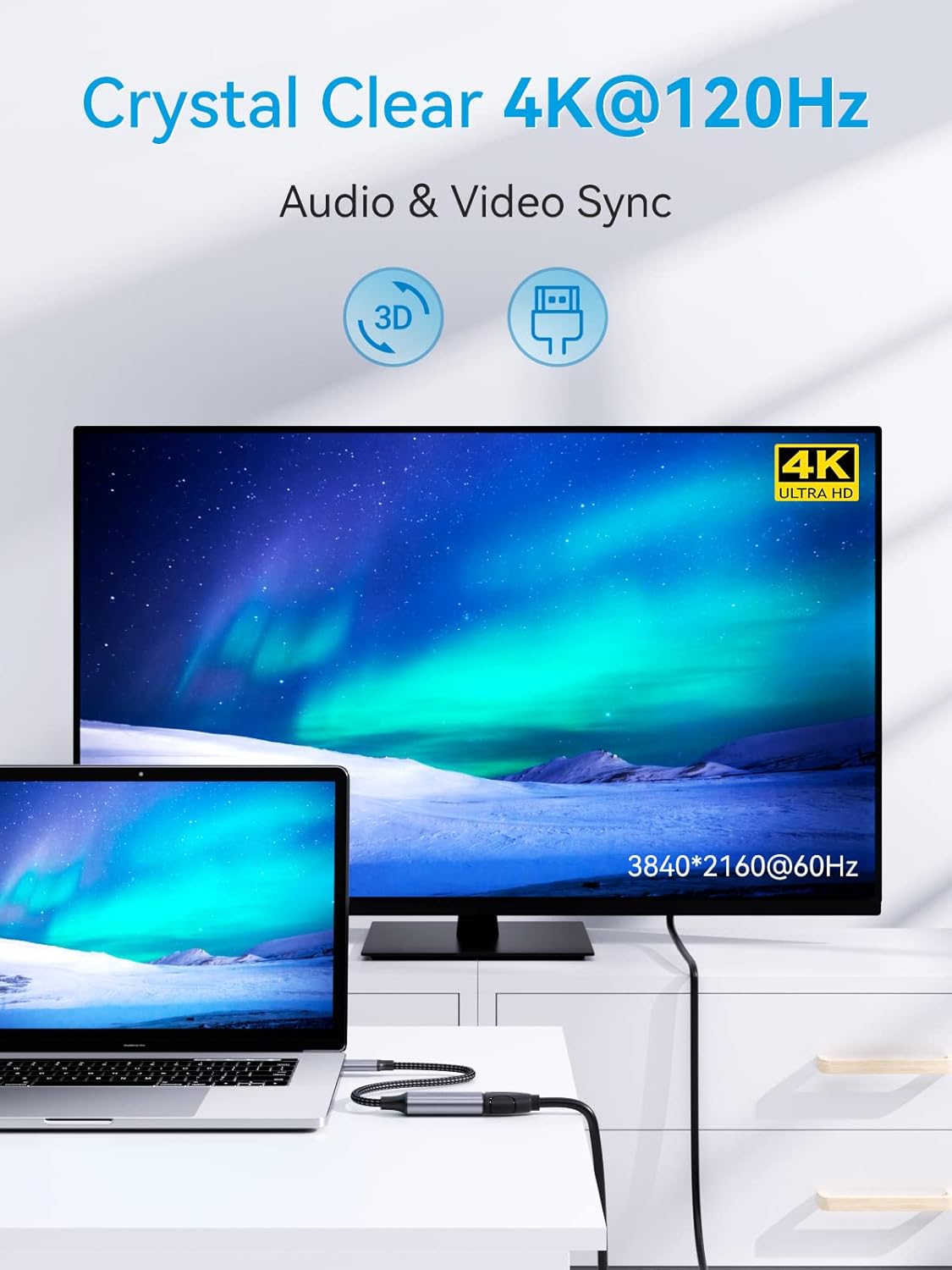 Laptop connected to a 4K Ultra HD TV via the adapter, showing audio and video sync
