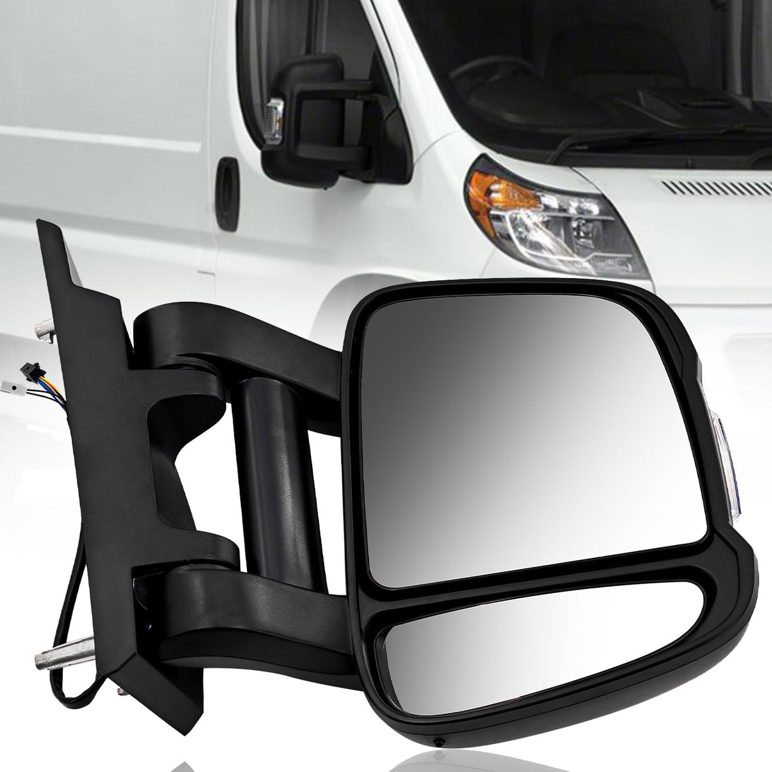 5VE96JXWAD Passenger Side Long Arm Mirror Compatible with Ram Promaster 1500 2500 3500 14-22, Heated Power Glass Turn Signal Light Temperature Sensor Manual Folding View Mirror Assembly(8+2 pins)