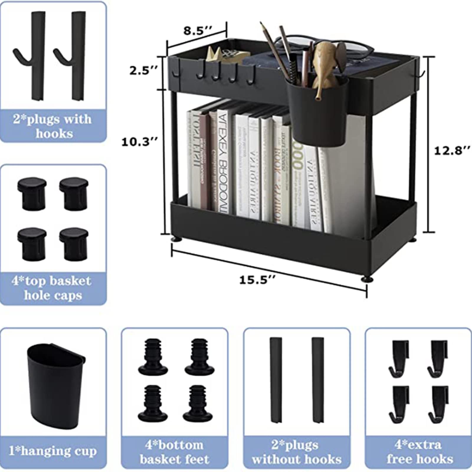 Organizador de Almacenamiento para Debajo del Fregadero, Organizador de Armario de Cocina y Cesta de Almacenamiento con Ganchos, 2 Niveles para Organizador de baño y Cocina