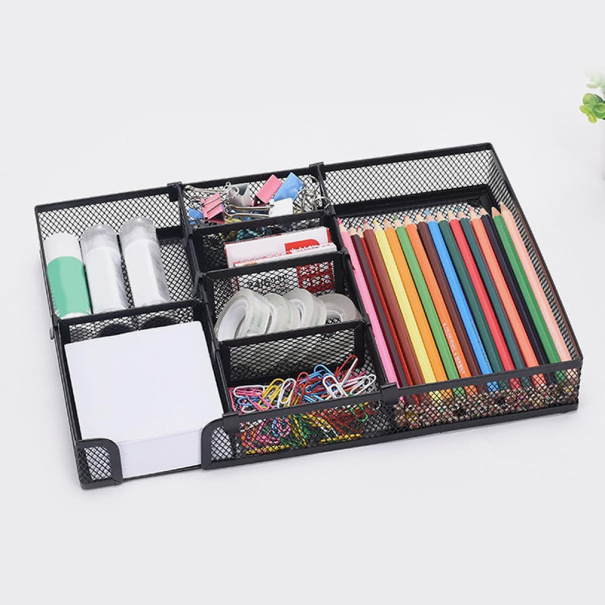 Healeved Organizador de Escritorio de Metal Negro DIY Bandeja de Malla Portalápices Metálico y Compartimentos para Cajones Adecuado para Oficina y Material de Oficina Organizadores de