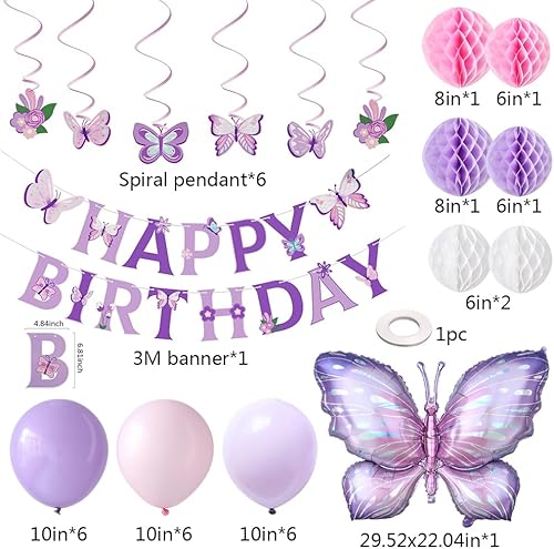 Miniatura 2 de Decoraciones de fiesta de cumpleaños de mariposa, morado y rosa, pancarta de feliz cumpleaños, colgante en espiral, bola de panal con globo de