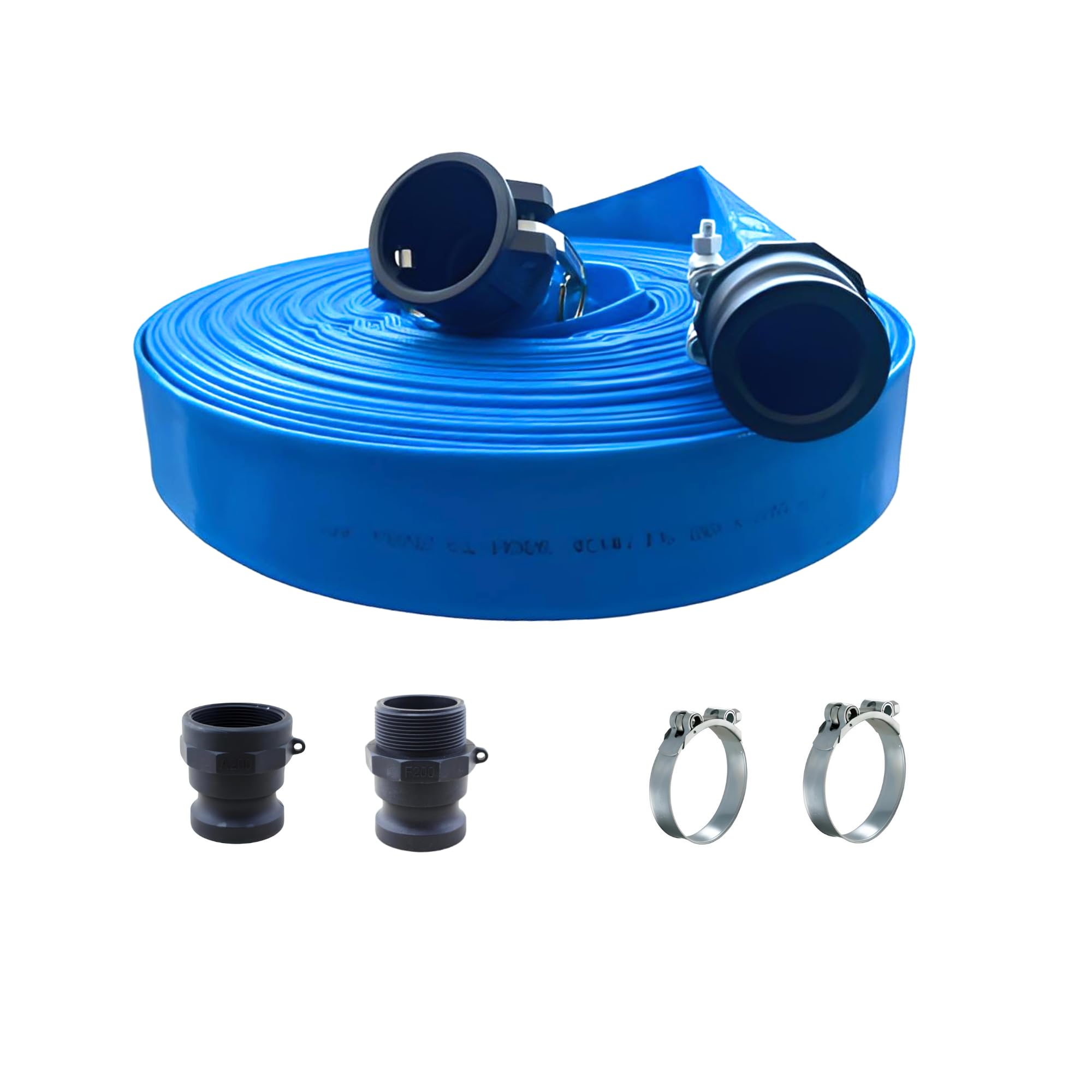 Manguera plana con Accesorios Camlock de Polipropileno, Tipo A,C,E,F + 2 abrazaderas W1 reforzadas. (40mm T50m)