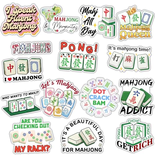 Image of MAIANEY (15Pcs, 3in) Mahjong Stickers Pack, Funny Mahjong Tile Vinyl Decal Set for Laptop Water Bottle Phone Case Notebook Scrapbook, Cute Waterproof Mahjong Lover Stickers Gift Idea for Board Game