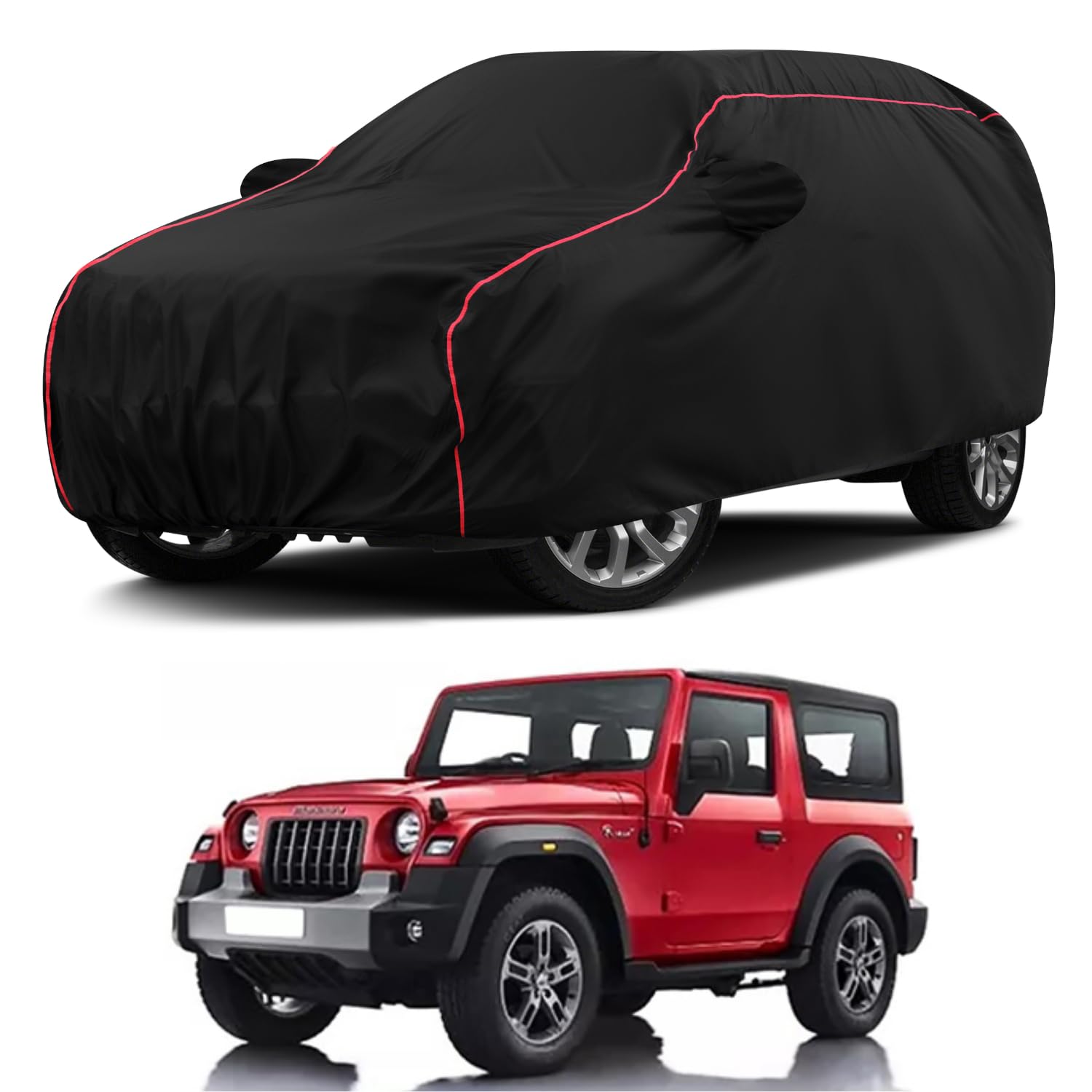 Water Resistant Dustproof Car Cover for Mahindra Thar - Mirror Pocket, UV Protection, Scratch Guard, Buckle Belt, Front & Back Bottom Elastic - Black with Red Piping-image-40